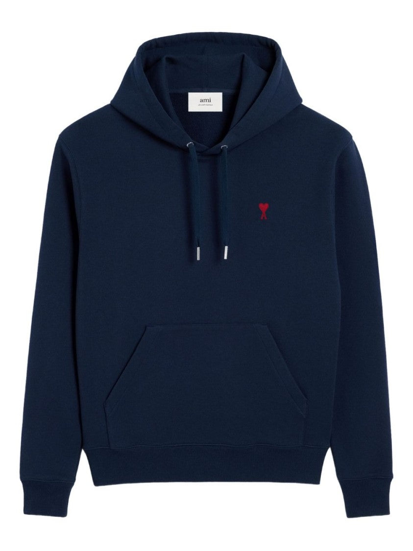 Ami Navy Blue Cotton Jersey Hoodie With Signature Monogram