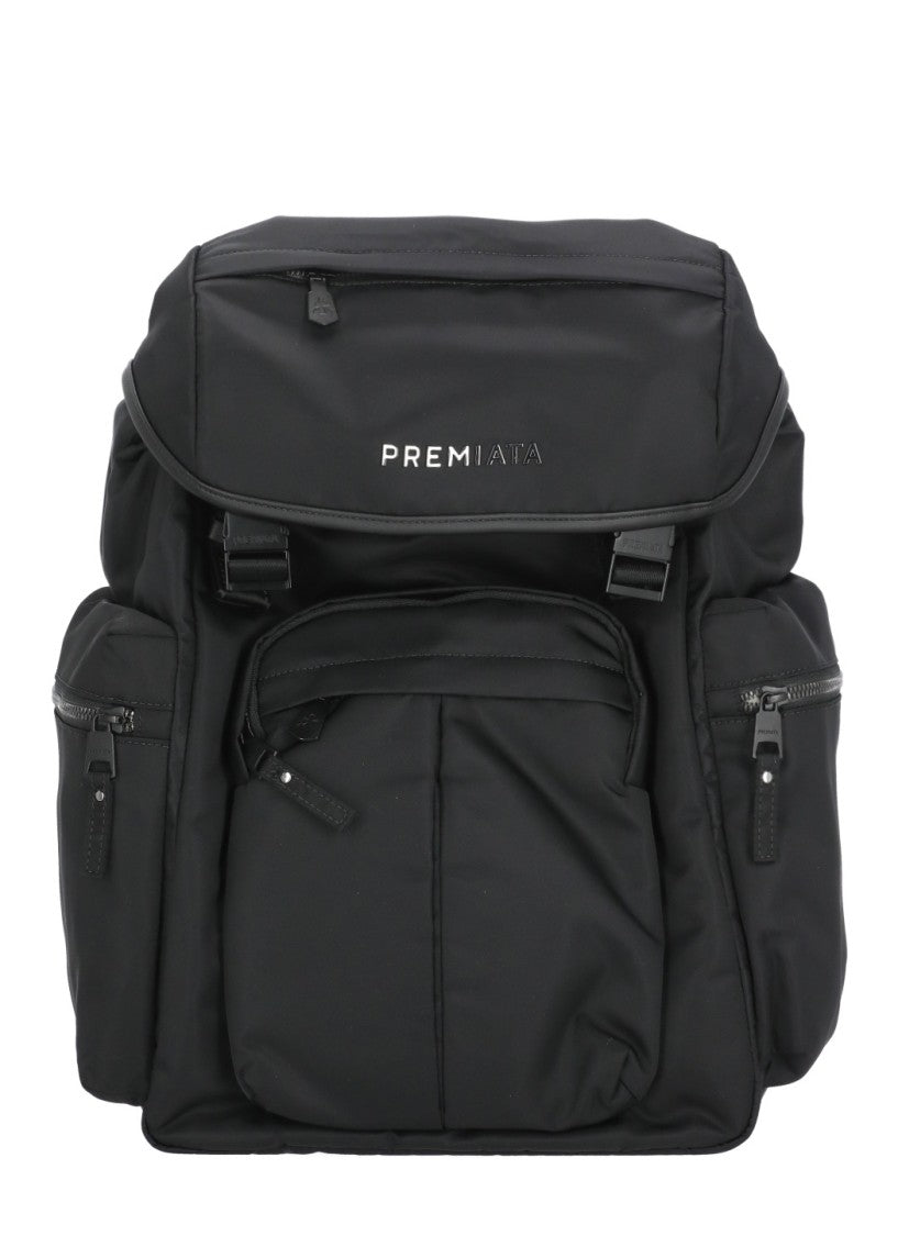 Prmt Black Nylon Backpack With Leather Insert And Versatile Storage