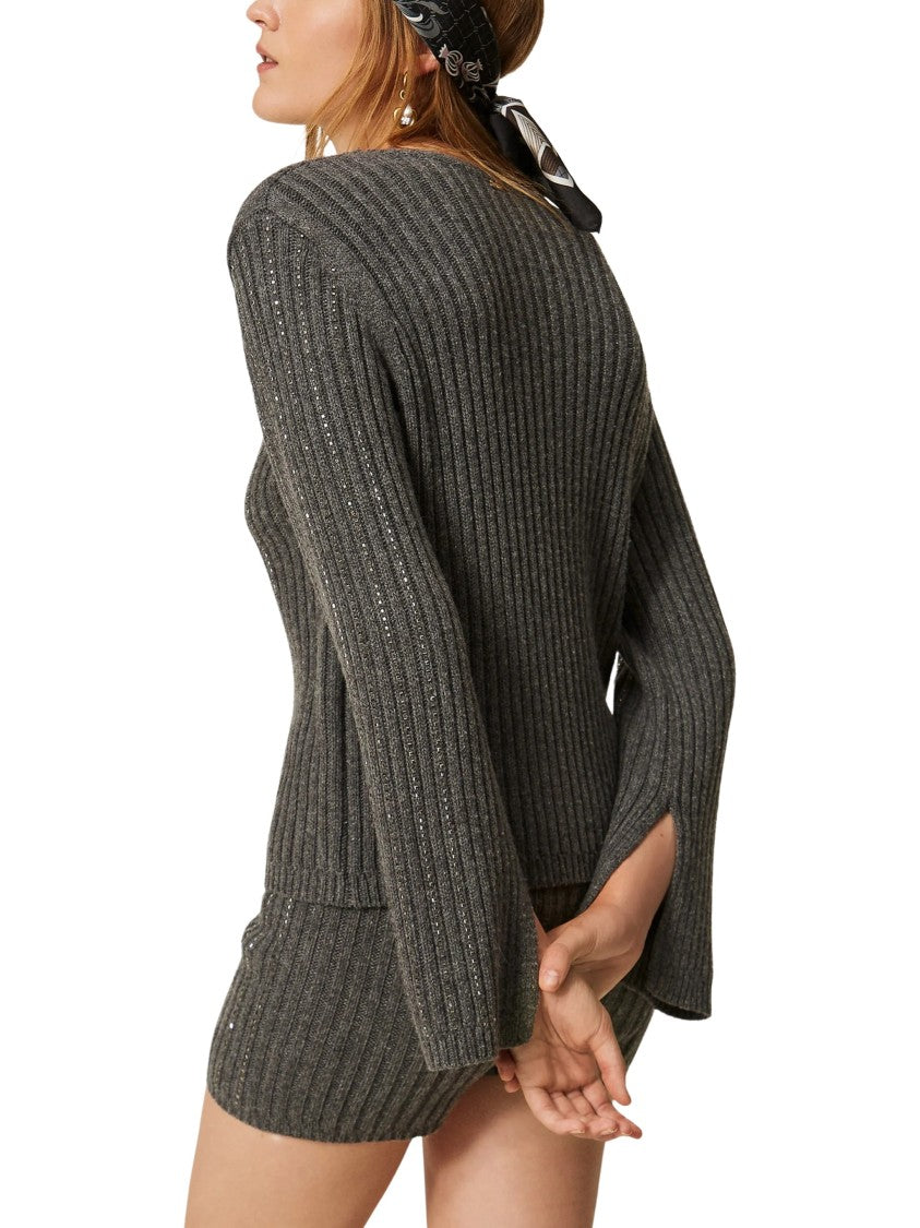Twin-Set Ribbed Knit Top With Rhinestone Embellishment And Flared Cuffs