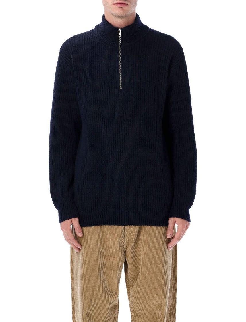 Colorful Standard Fitted Quarter Zip Sweater With High Collar And Ribbed Details