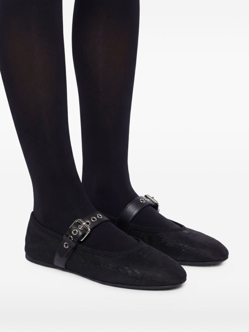 Miu Miu Black Mesh Fabric Embroidered Logo Ballerinas