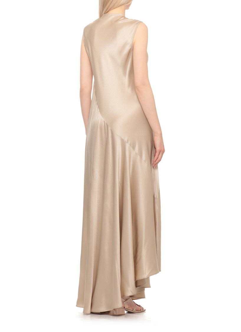 Antonelli Firenze Gold Silk Blend Maxi Dress With V-Neck And Flared Hem