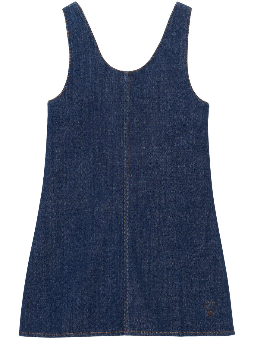Ami Paris Sleeveless A-Line Denim Dress With Contrast Stitching