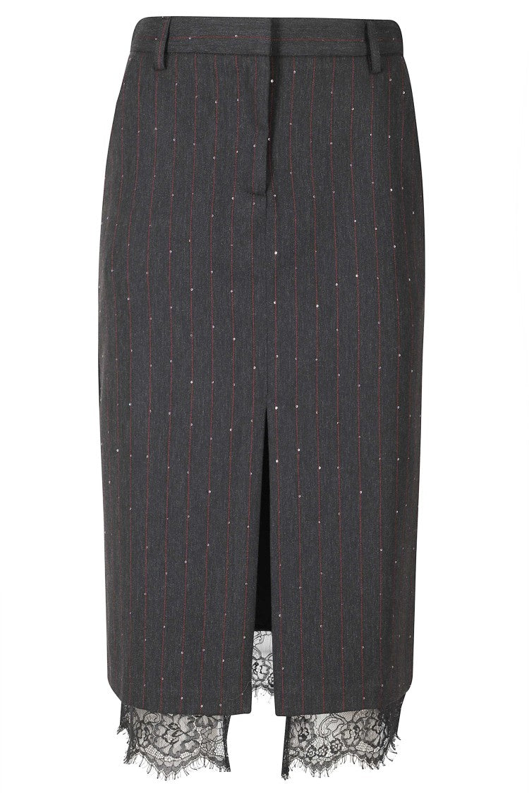Ermanno Firenze Charcoal Pinstripe Lace Trim Skirt