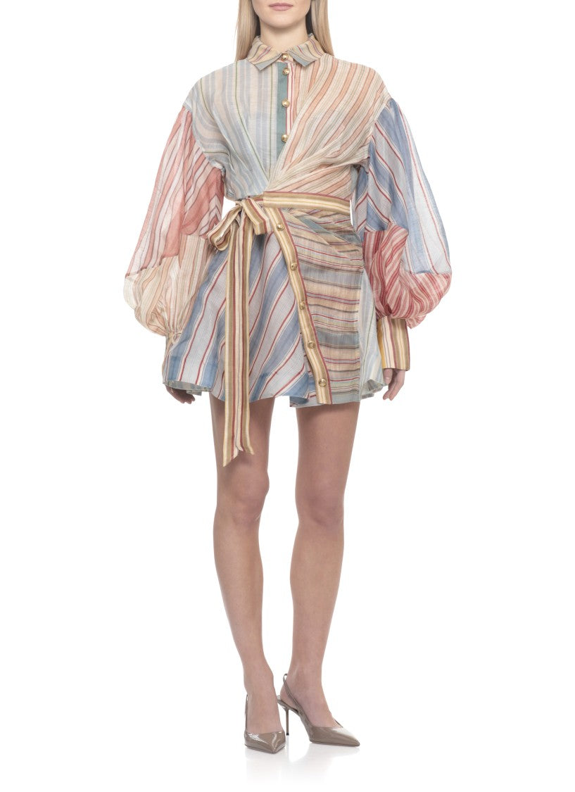 Zimmermann Multicolor Striped Linen And Silk Mini Dress With Belted Waist