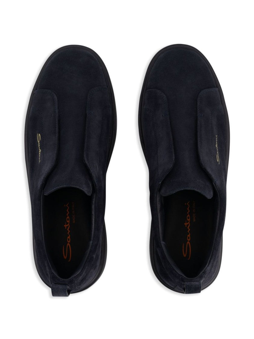 Santoni Midnight Blue Calf Suede Slip-On Sneakers