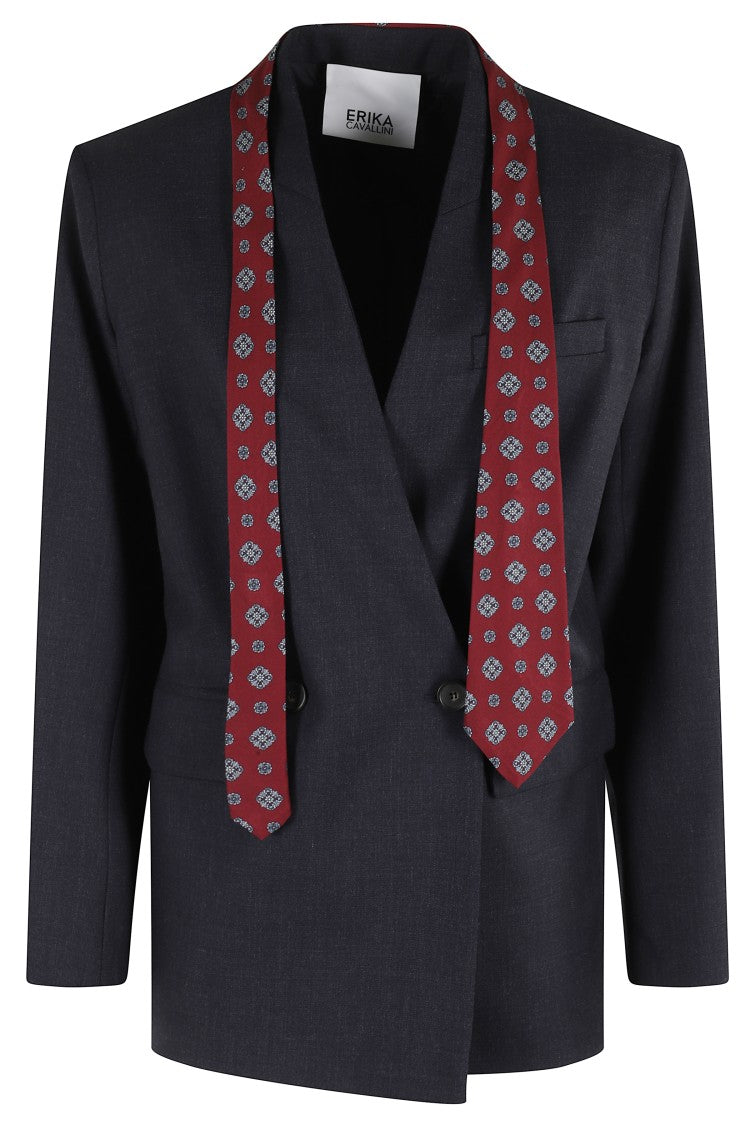 Erika Cavallini Double-Breasted Wool Blazer With Contrast Tie Detail
