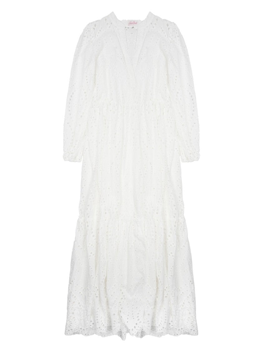 Mc2 Saint Barth Tiered White Midi Dress With Eyelet Pattern And Puff Sleeves