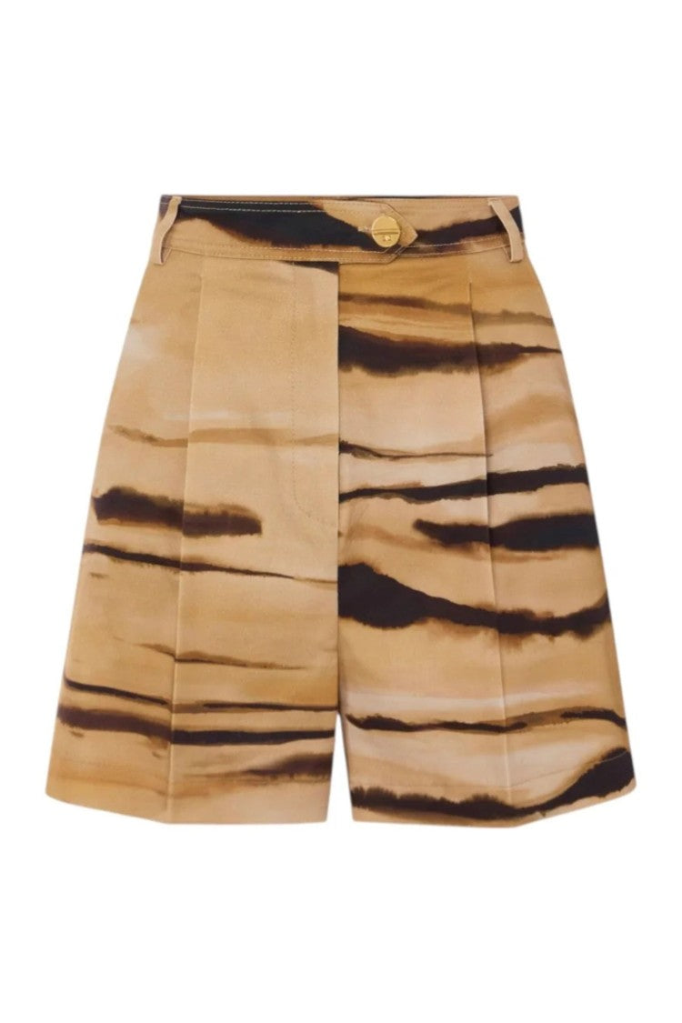 Elisabetta Franchi Camel Safari Camel Tiger-Pattern Darts Cotton Shorts