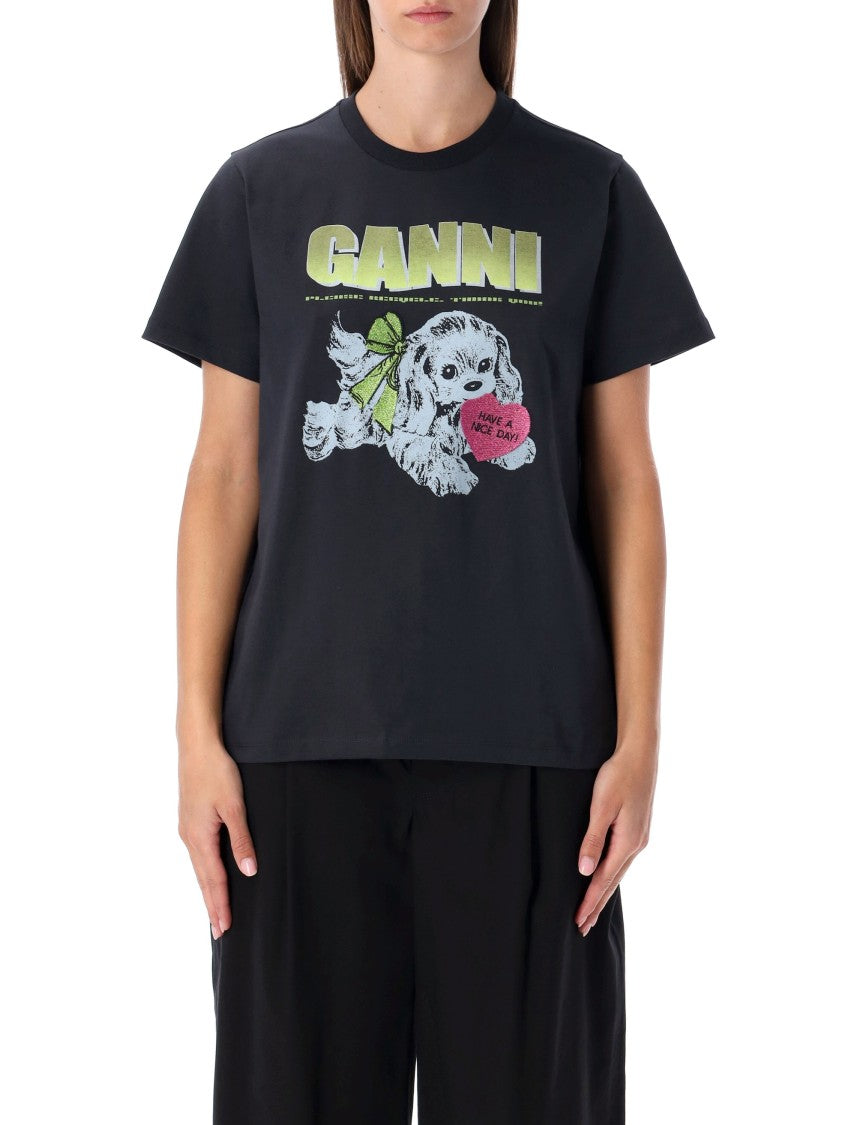 Ganni Black Puppy Cotton T-Shirt