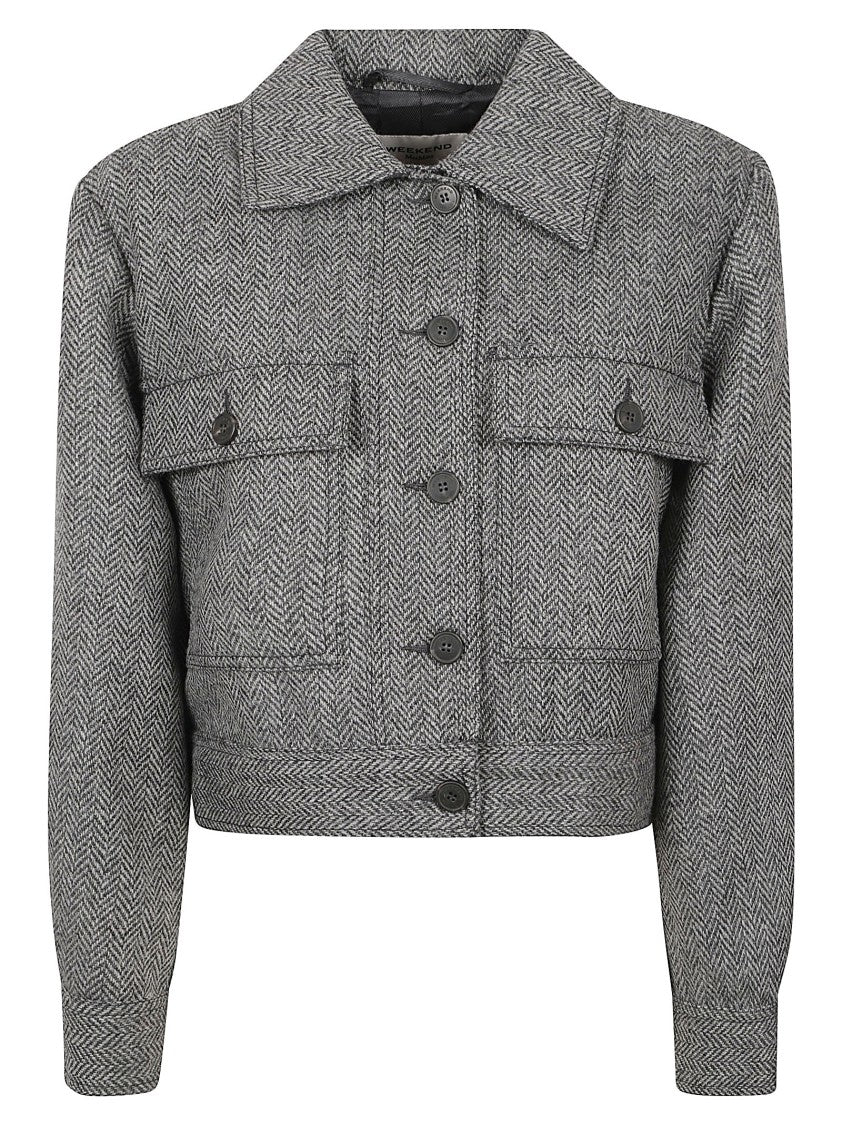 Max Mara Cropped Herringbone Jacket With Structured Collar And Flap Pockets