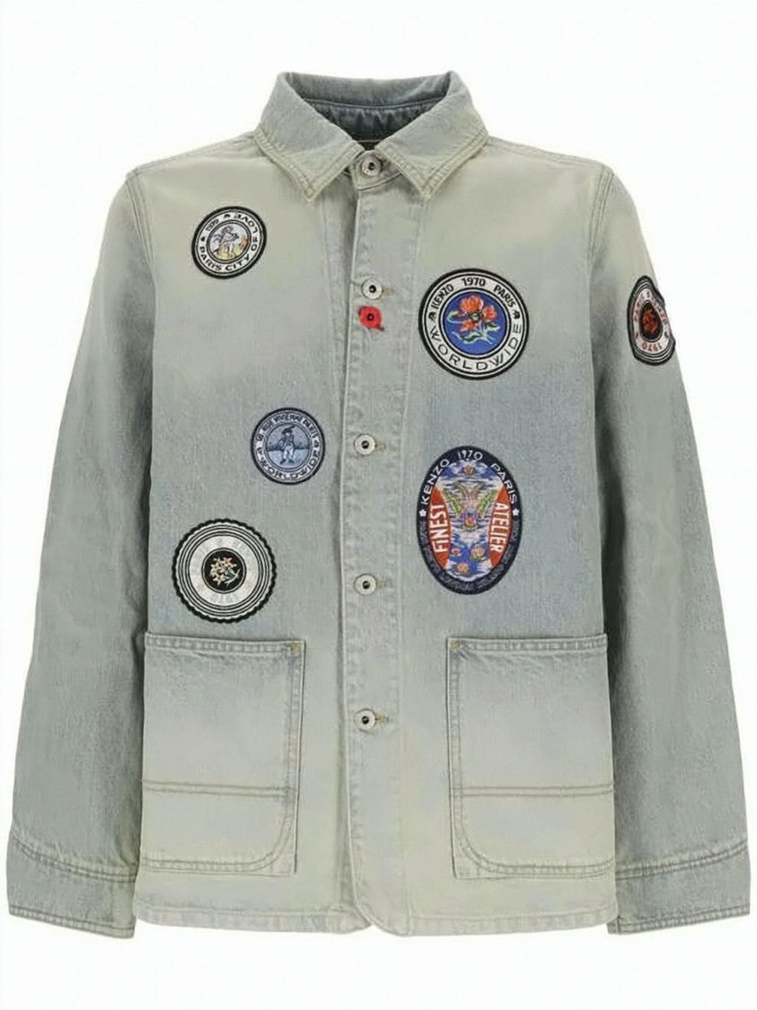 Kenzo Faded Light Blue Denim Jacket With Embroidered Patches