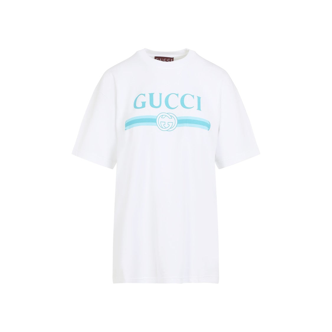 Gucci Crew Neck T-Shirt With Light Blue Logo And Stripe Design