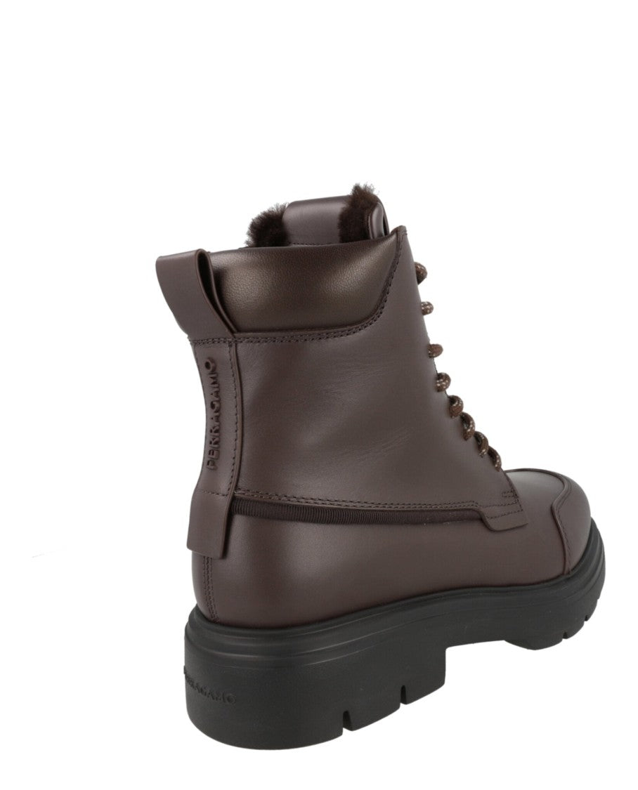 Ferragamo Brown Leather Combat Boots With Block Heel And Side Zippers