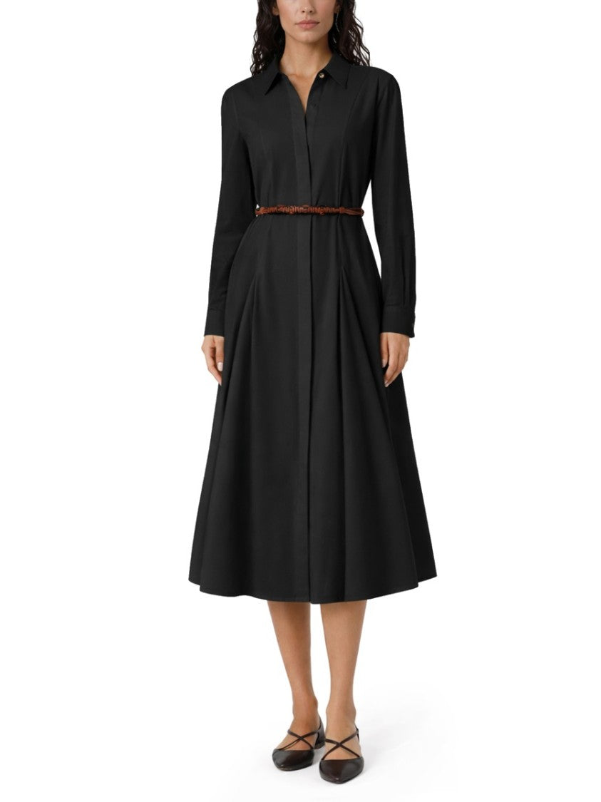 Max Mara Mid-Calf Length Black Poplin Dress With Braided Belt