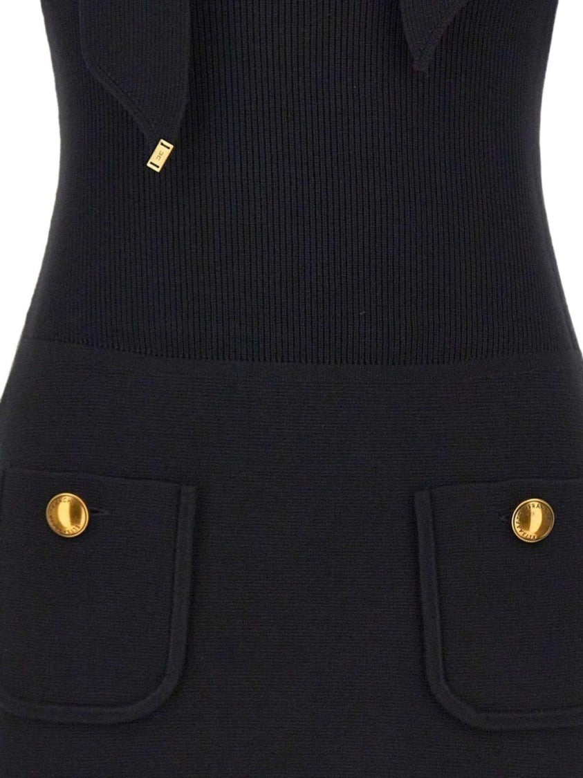Elisabetta Franchi Black Fitted Mini Ribbed Gold Dress