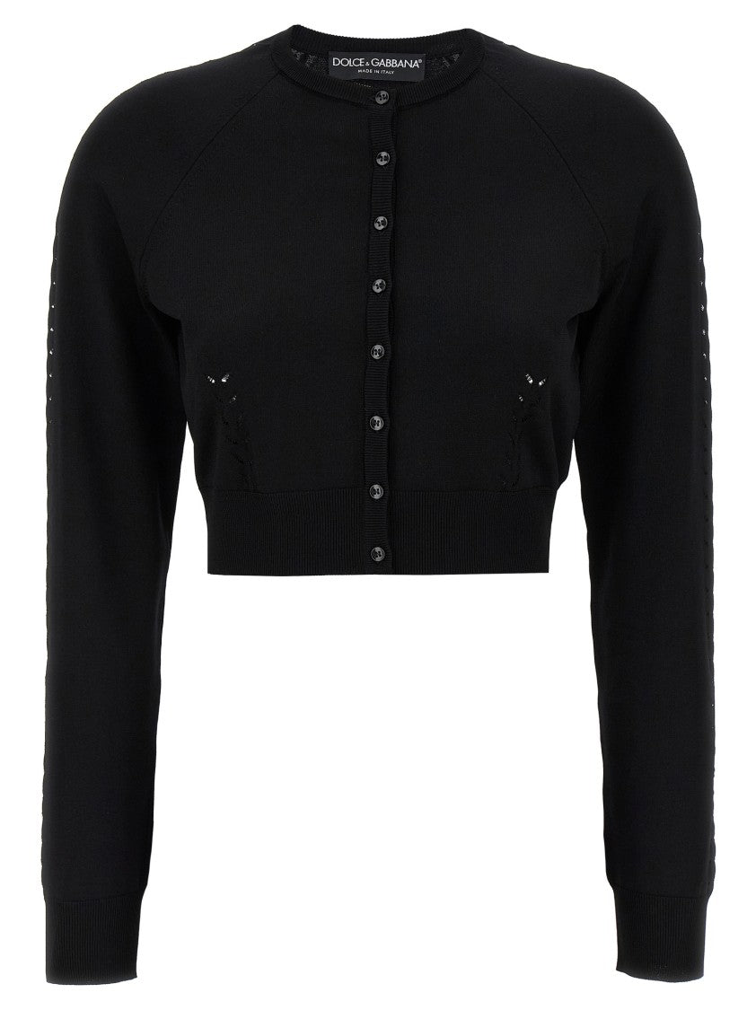 Dolce & Gabbana Cropped Black Viscose Cardigan With Button Closure And Intricate Detailing