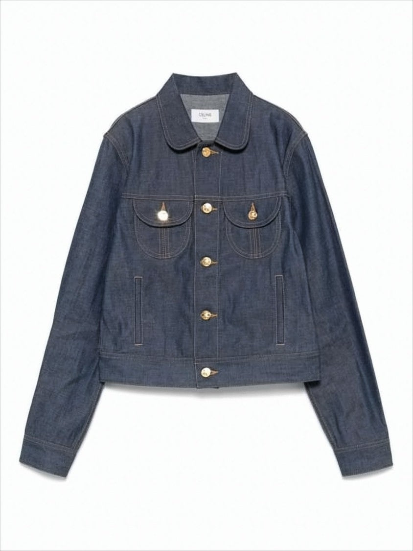 Celine Cropped Denim Jacket With Classic Collar And Gold-Tone Details