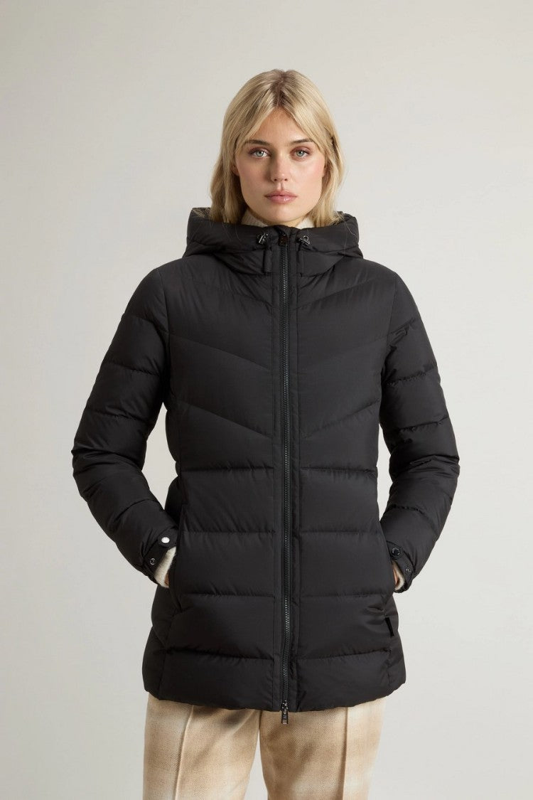Woolrich Black Quilted Drawstring Hooded Polyester Down Coat