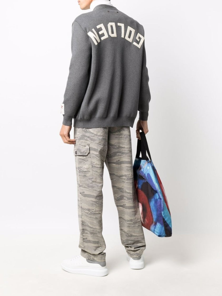 Golden Goose V-Neck Gray Cardigan With Embroidered Patch