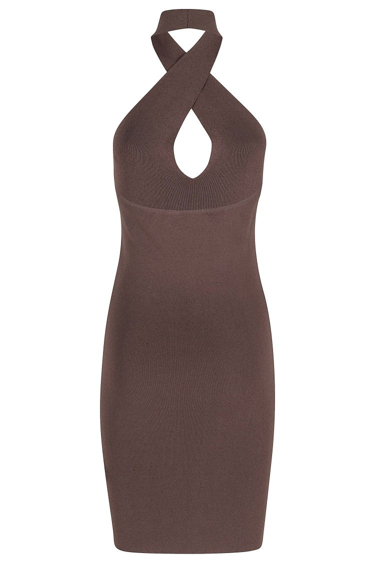Federica Tosi Hazelnut Mini Halter Crossed Backless Viscose Mini Dress
