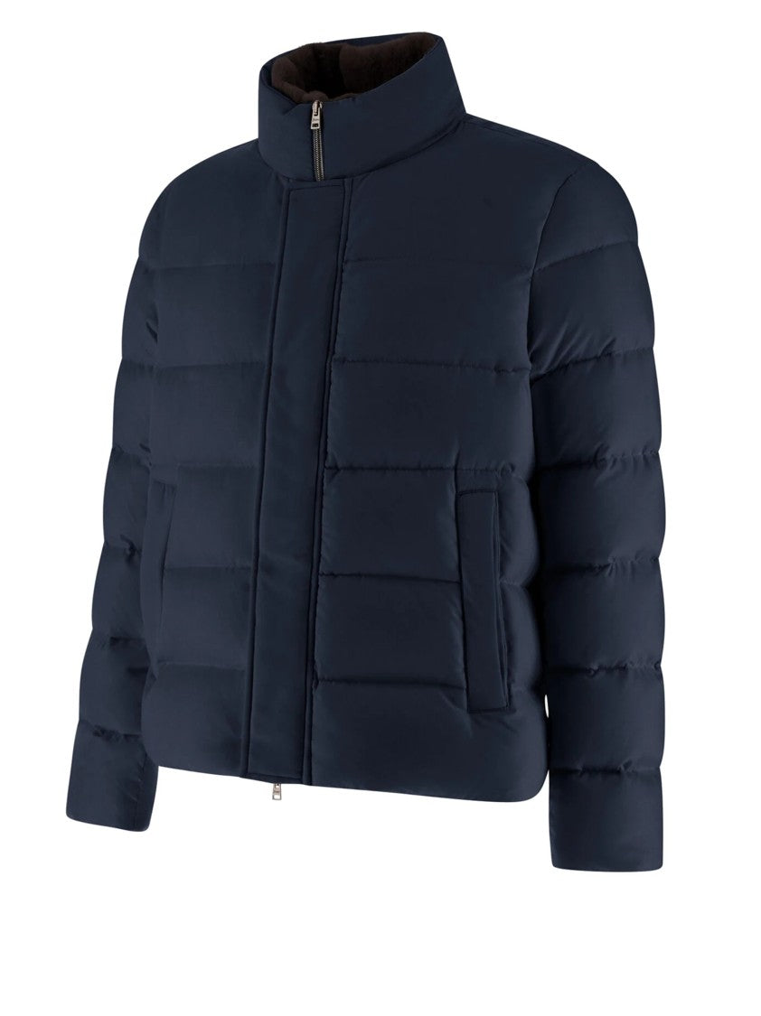 Herno Quilted Bomber Jacket With Faux Fur Collar And Silver Logo