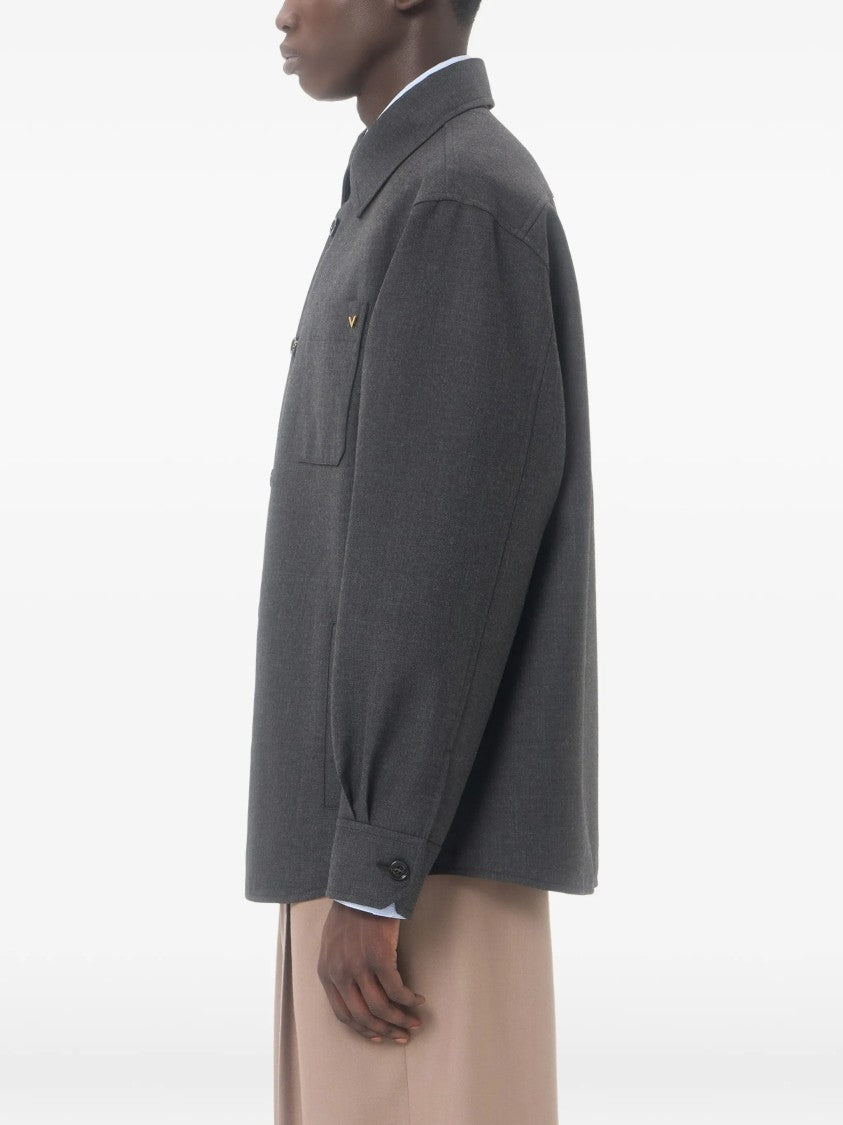 Valentino Boxy Grey Wool Jacket With Classic Collar And Metallic Detail