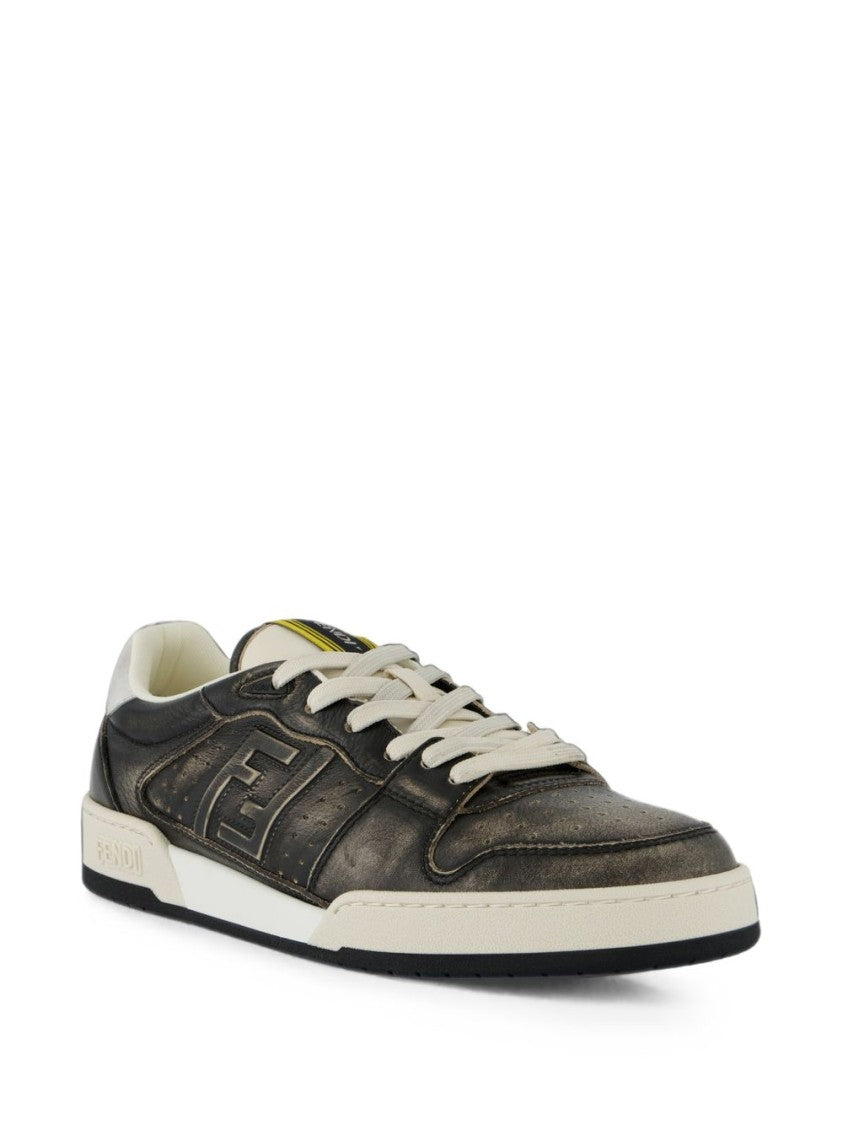 Fendi Distressed Leather Embossed Logo Low-Top Sneakers