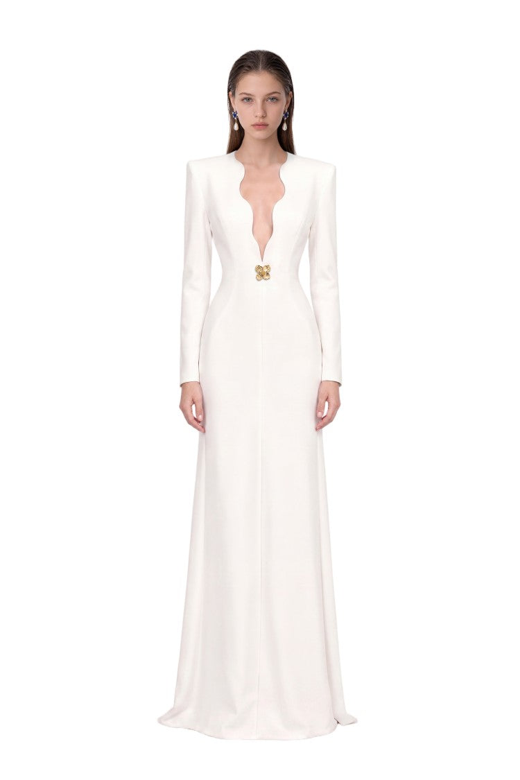 Saiid Kobeisy Floor-Length Fitted Dress With Sculpted Scalloped Plunge Neckline