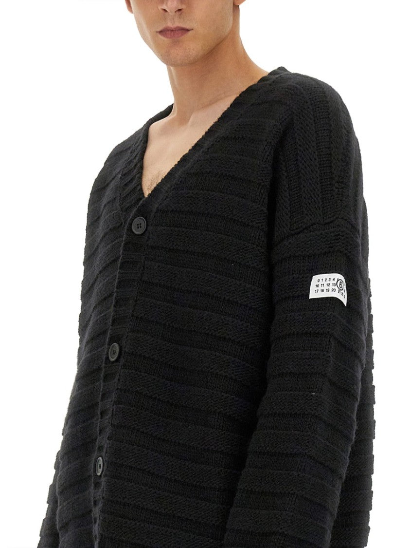 Mm6 By Maison Margiela Ribbed Knit Cardigan With V-Neckline And Distressed Details