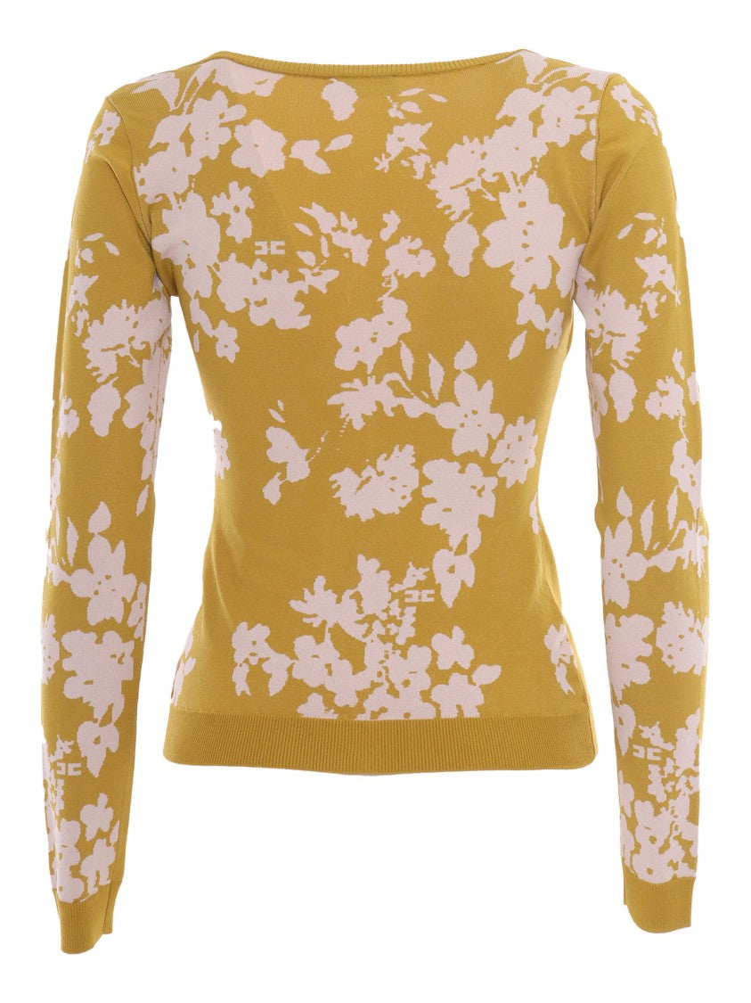 Elisabetta Franchi Yellow Knitted Top With Floral Pattern