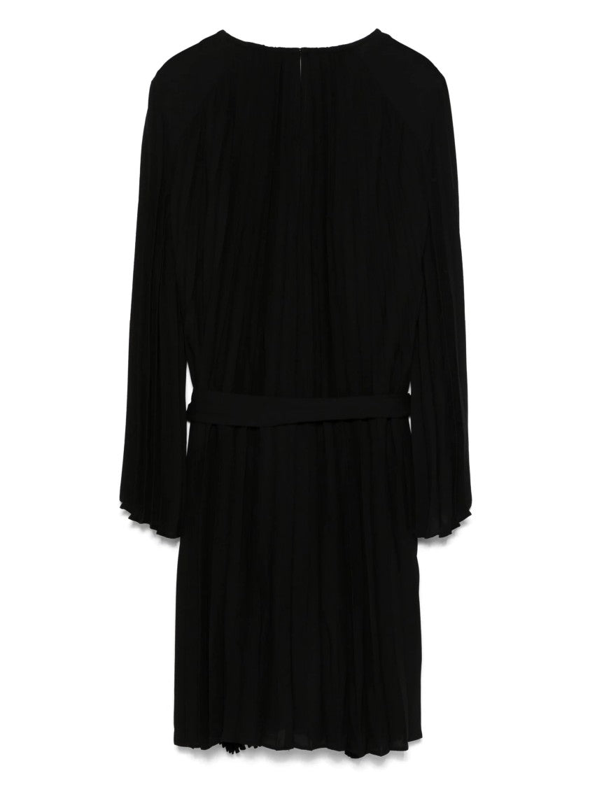 Dkny Pleated A-Line Midi Dress With Long Sleeves And Fabric Belt