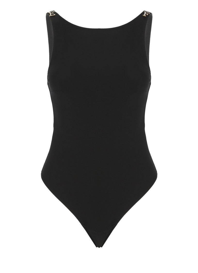 Elisabetta Franchi Black Form-Fitting Logo Bodysuit