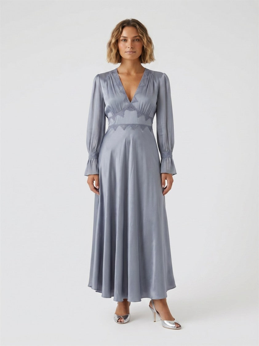 Rixo Arlena Blue Lace-Trim Flared Silk-Blend Maxi Dress