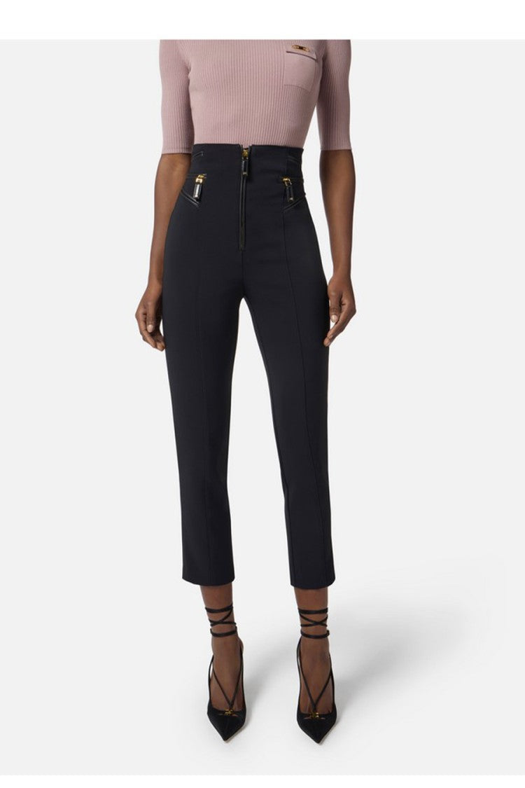 Elisabetta Franchi Black Front Zip Pocket Detail Polyester-Wool Cropped Pants