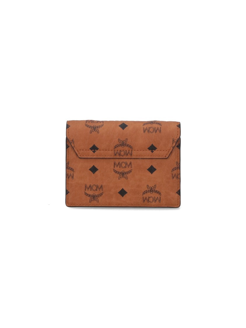 Mcm Logo Print Brown Wallet With Chain Strap