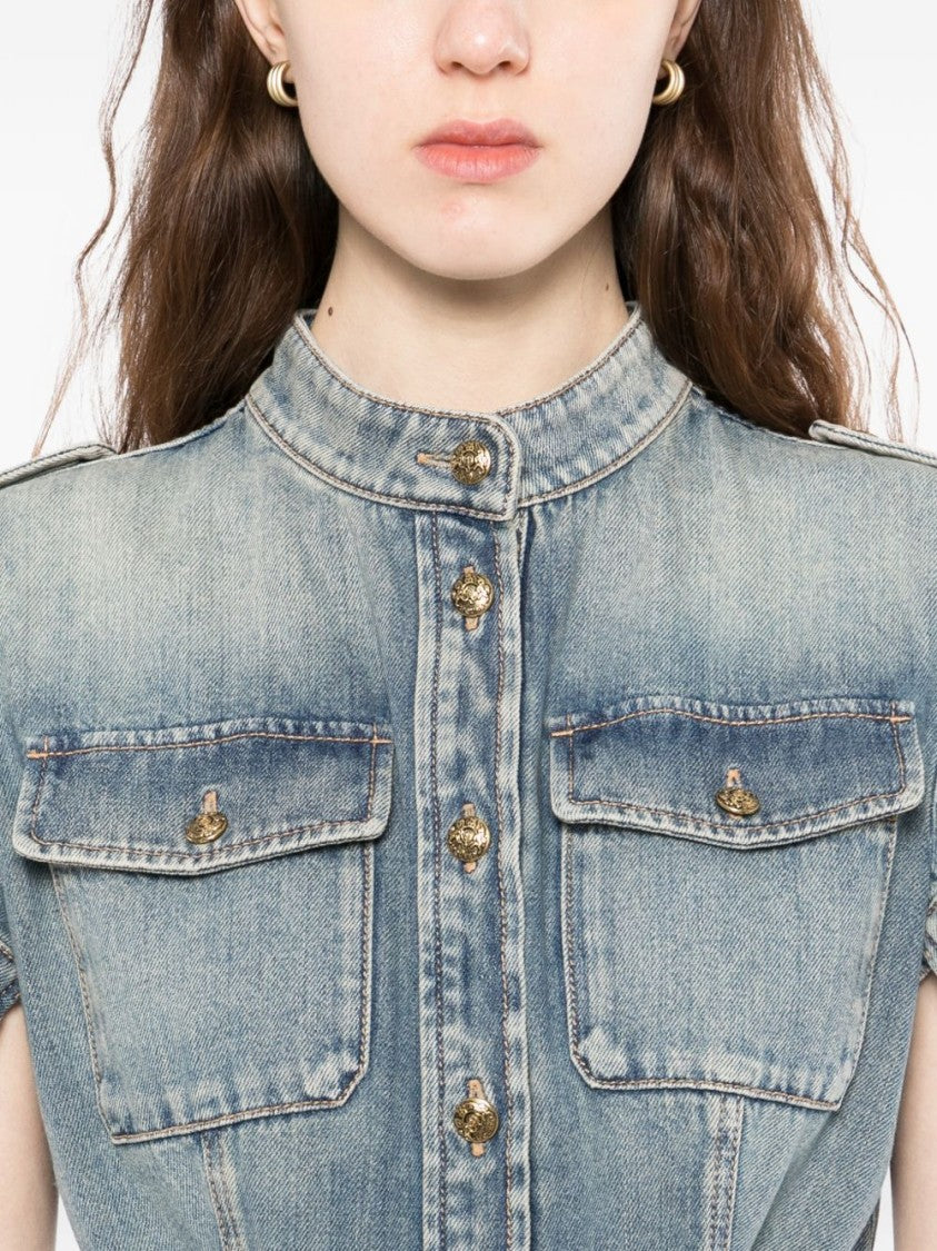 Alexander Mcqueen Faded Denim Mini Dress With Gold-Tone Accents