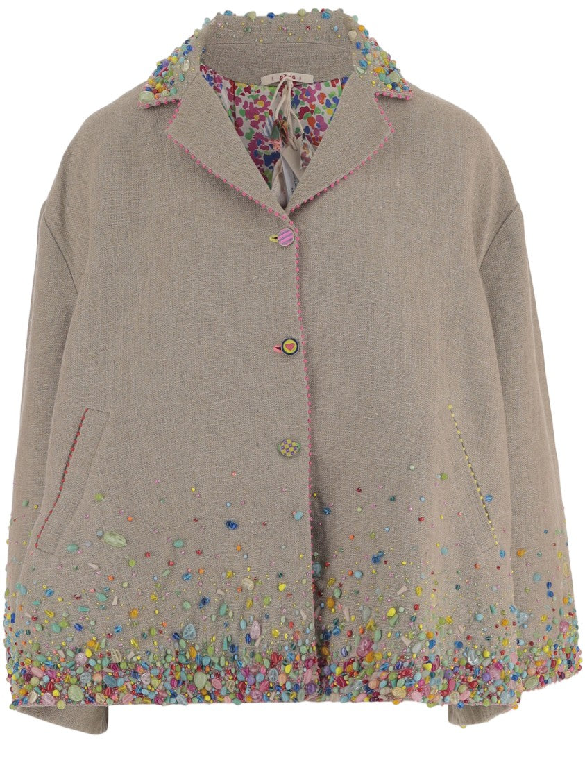 Pero Beige Linen Jacket With Bead Appliqué