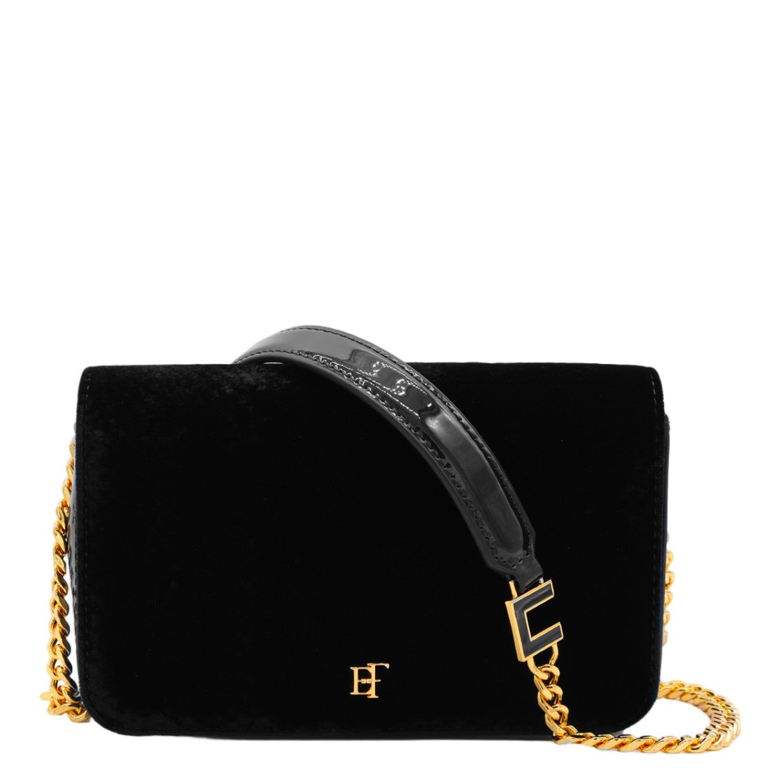Elisabetta Franchi Black Plush Velvet Gold Chain Strap Shoulder Bag