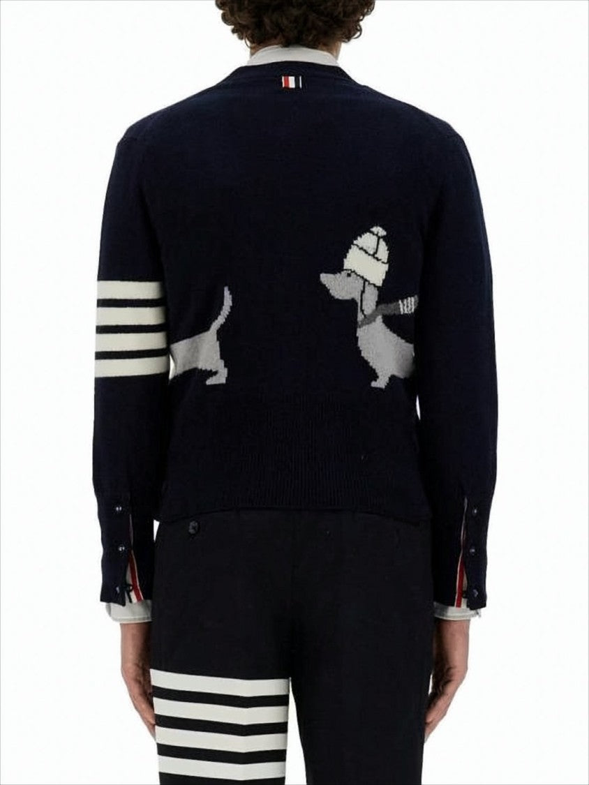 Thom Browne Tailored V-Neck Cardigan With Dog Motifs And Bold Stripes