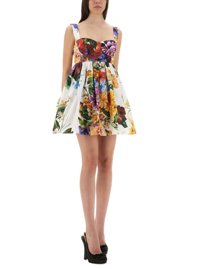 Dolce & Gabbana Bouquet Print Poplin Dress With Flared Skirt