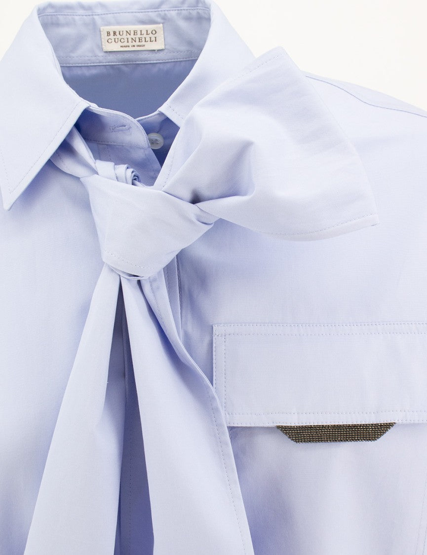 Brunello Cucinelli Celeste Long-Sleeved Shirt With Delicately Knotted Lavallière