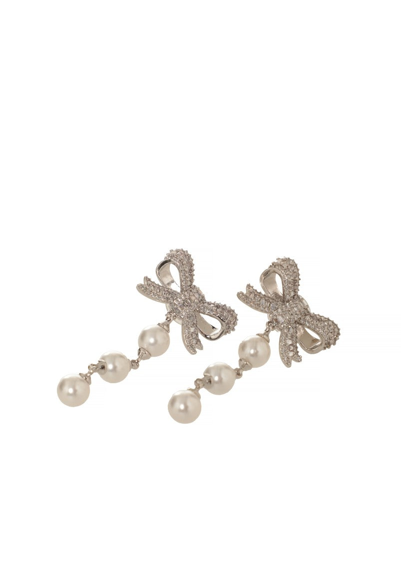 Self-Portrait Crystal Bow Droplet Earrings With Pearl Accents
