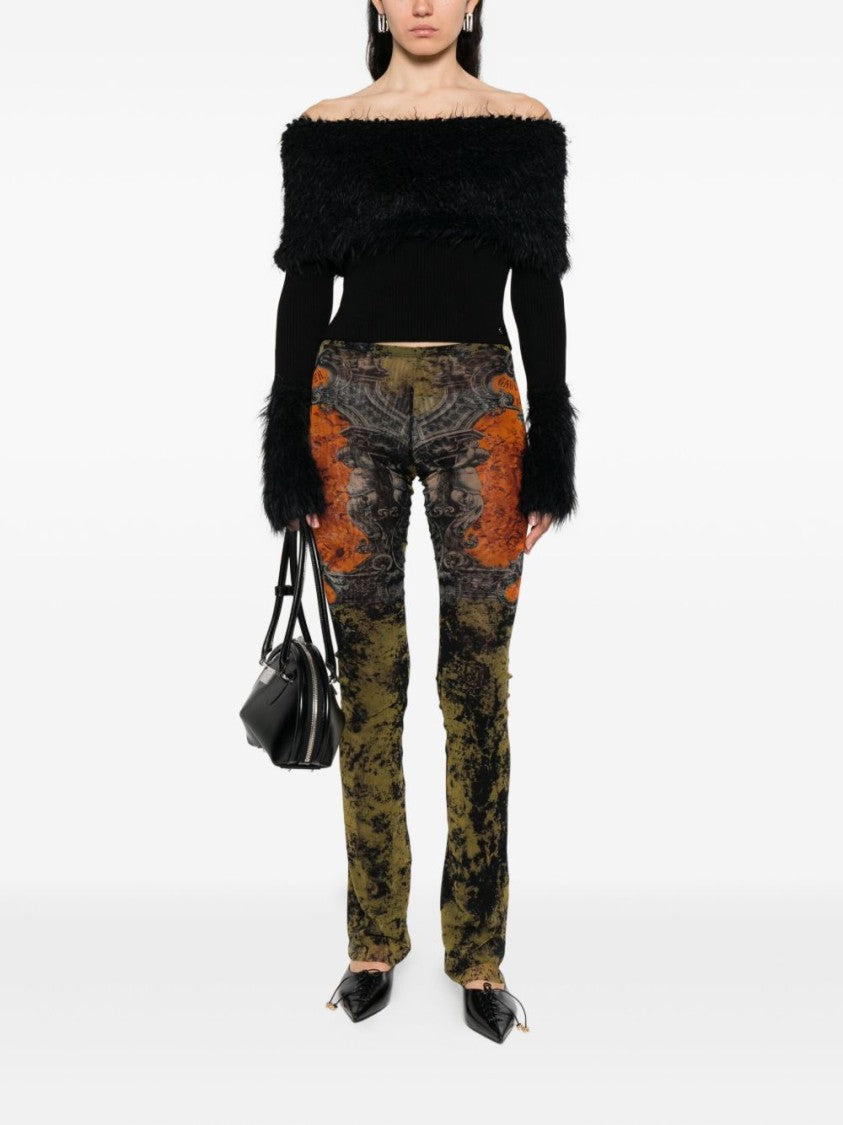 Jean Paul Gaultier Black Fur Trim Off-Shoulder Sweater