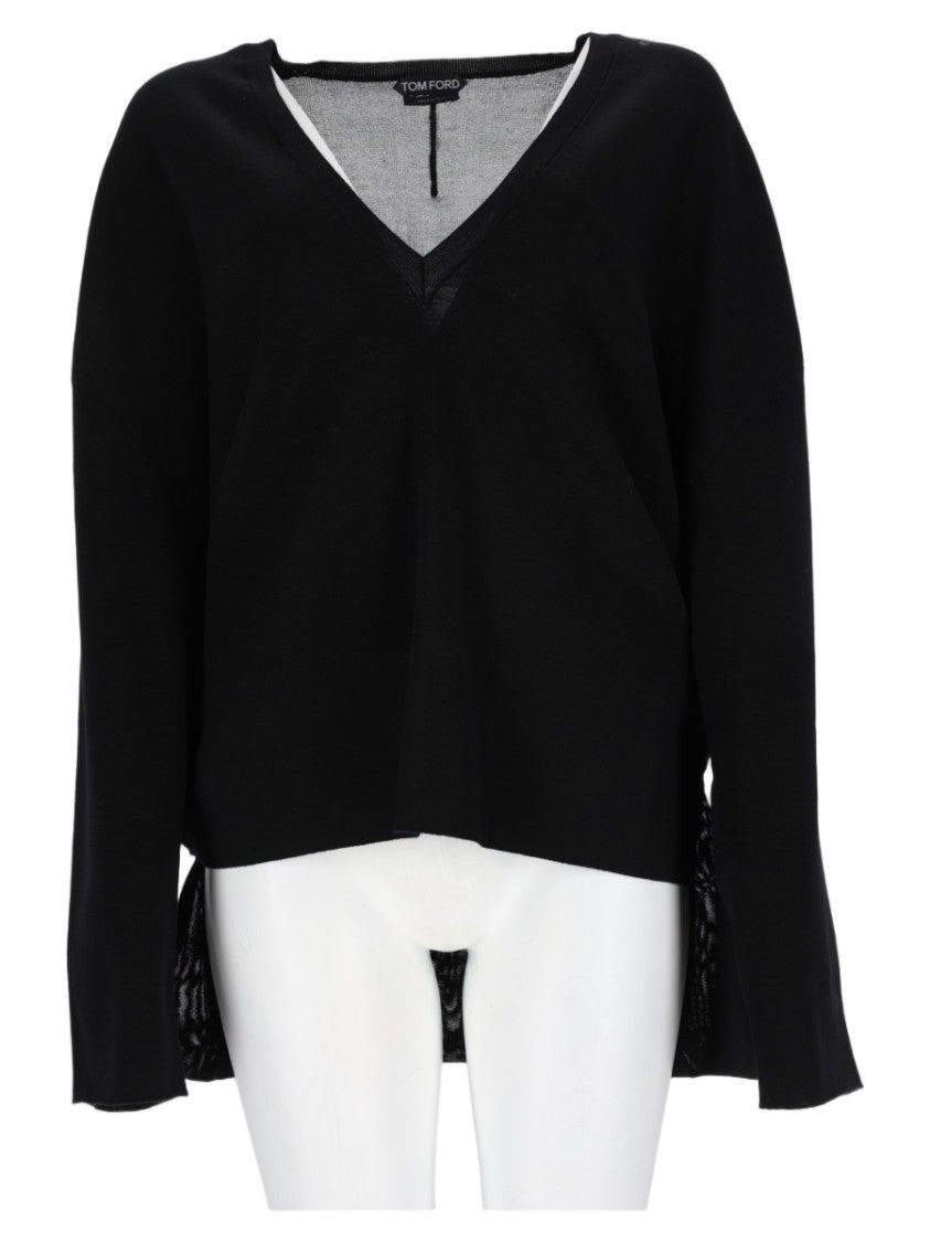 Tom Ford Deep V-Neck Black Sweater With High-Low Hem