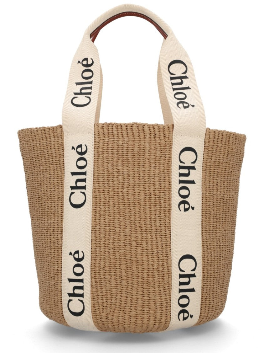 Chloé Large Woven Paper Tote With Cream Handles And Bold Lettering