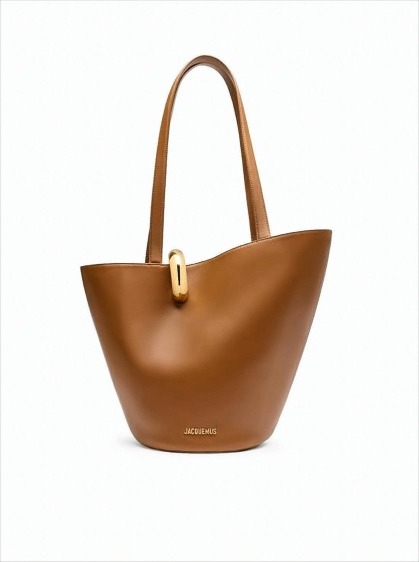 Jacquemus Structured Brown Cow Leather Tote Bag With Gold-Tone Clasp