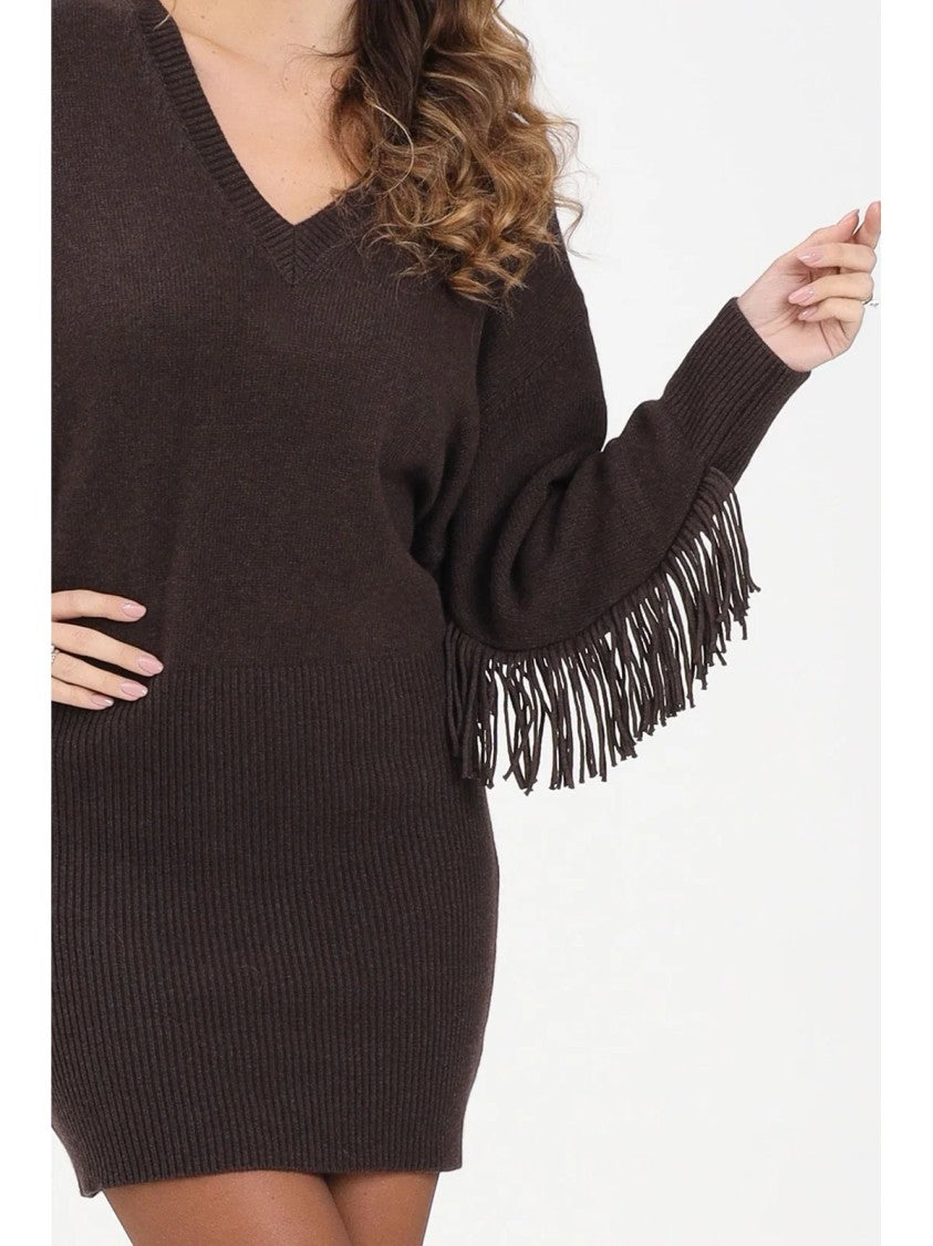 Akep Knit Mini Dress With Deep V-Neck And Fringe Detailing