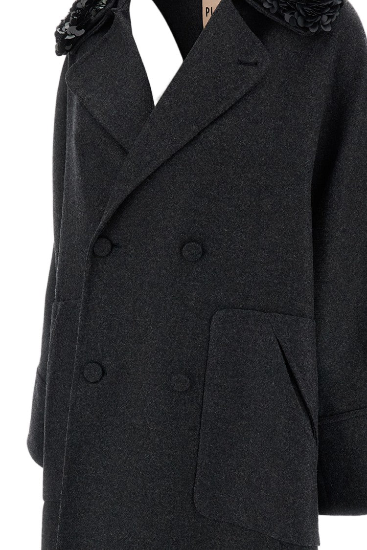 Plan C Melange Grey Sequin Collar Double-Breasted Wool Coat