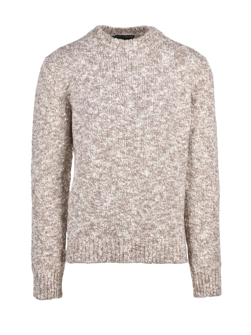 Dolce & Gabbana Beige/White Bouclé Virgin Wool-Blend Crewneck Sweater